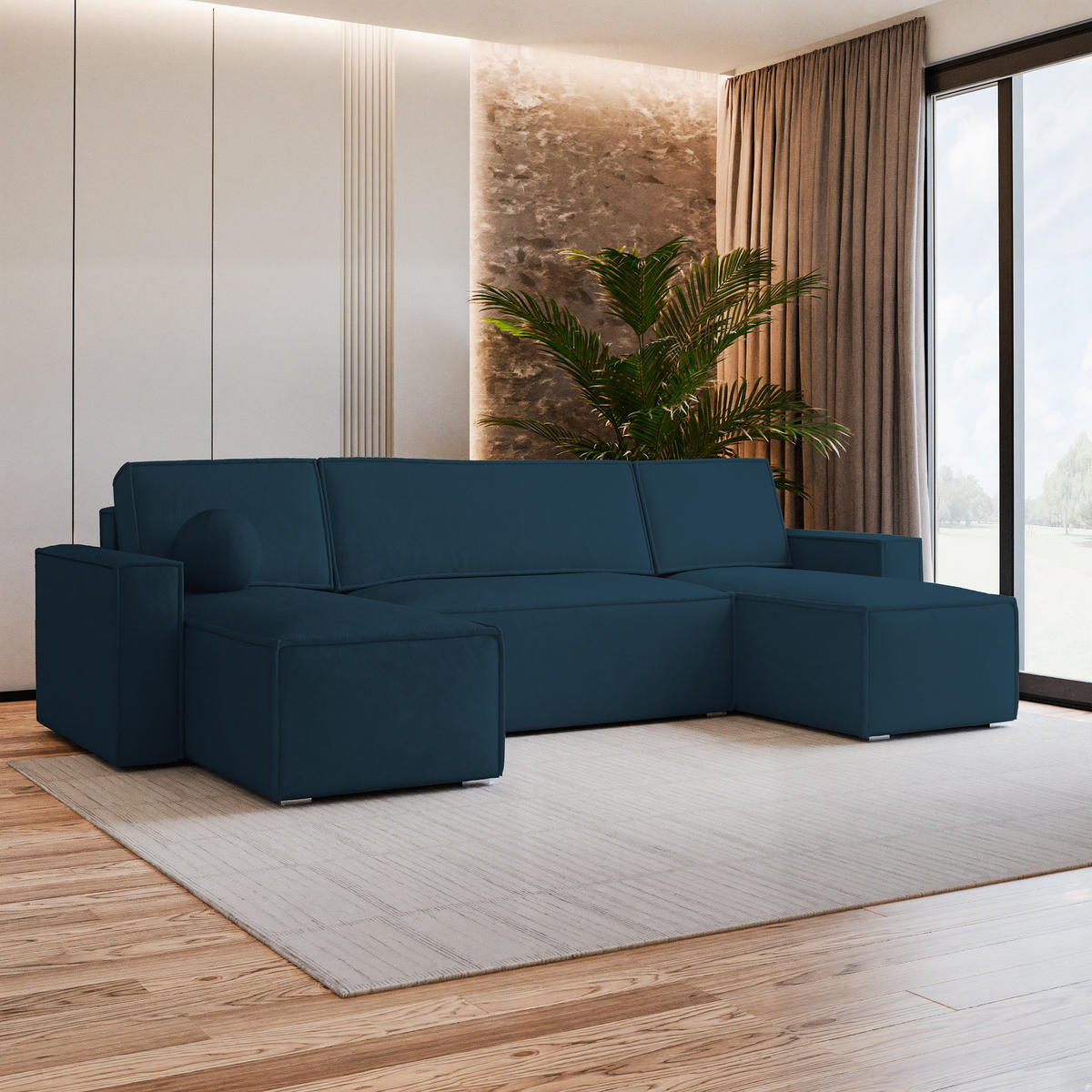 WOHNLANDSCHAFT PESANO M Blau Velours-Stoff mit Schlaffunktion - Blau, Holz (306/85/140cm) - MASSENO