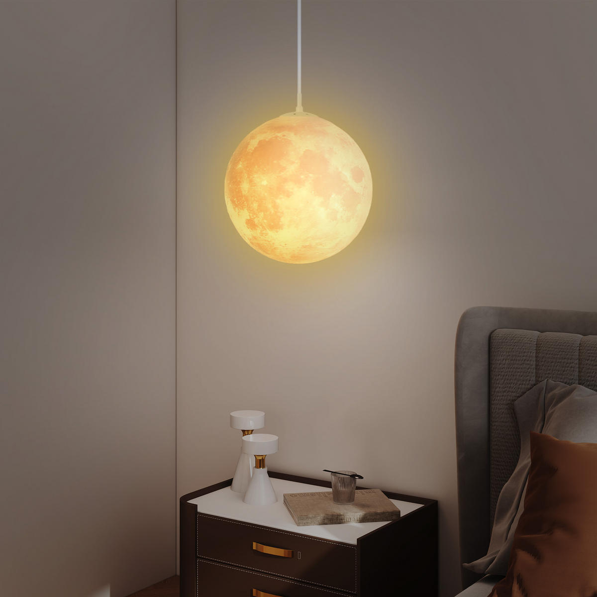 3D Mond Pendelleuchte Hängelampe mit APP-Steuerung, Musik, Cremeweiß - Weiß, Kunststoff (30/30/30cm) - HOMCOM