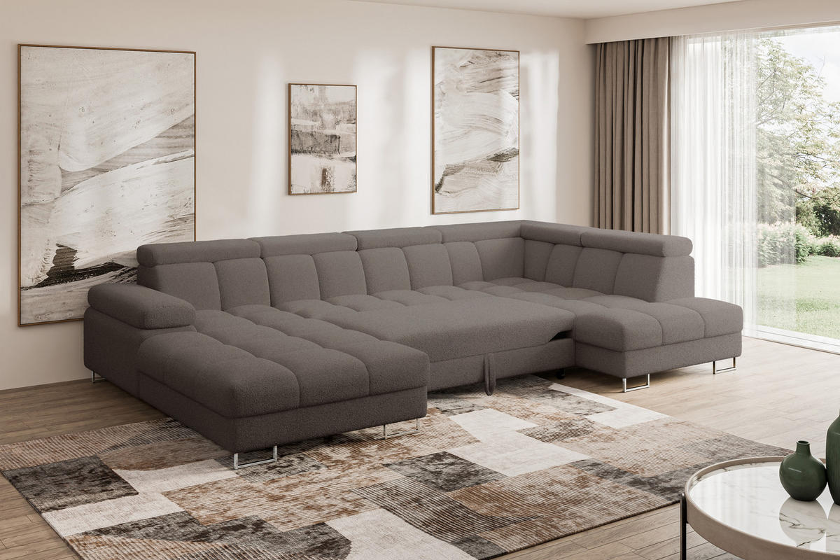 WOHNLANDSCHAFT mit Schlaffunktion und Bettkasten Ottomane RECHTS COMA U 345x203x79 Braun Bouclé - Dunkelbraun, Holzwerkstoff/Textil (203/79/345cm) - ALTDECOR