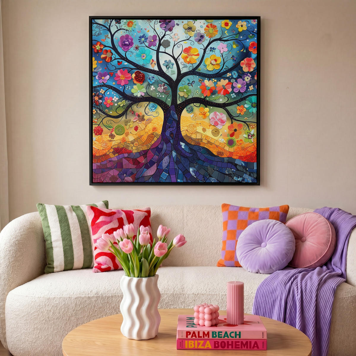 LEINWAND Bilder mit Rahmen - Kunst - Baum des Lebens - Blumen - Hippie - 90x90 - Dunkelblau, Textil (90/90cm) - MuchoWow