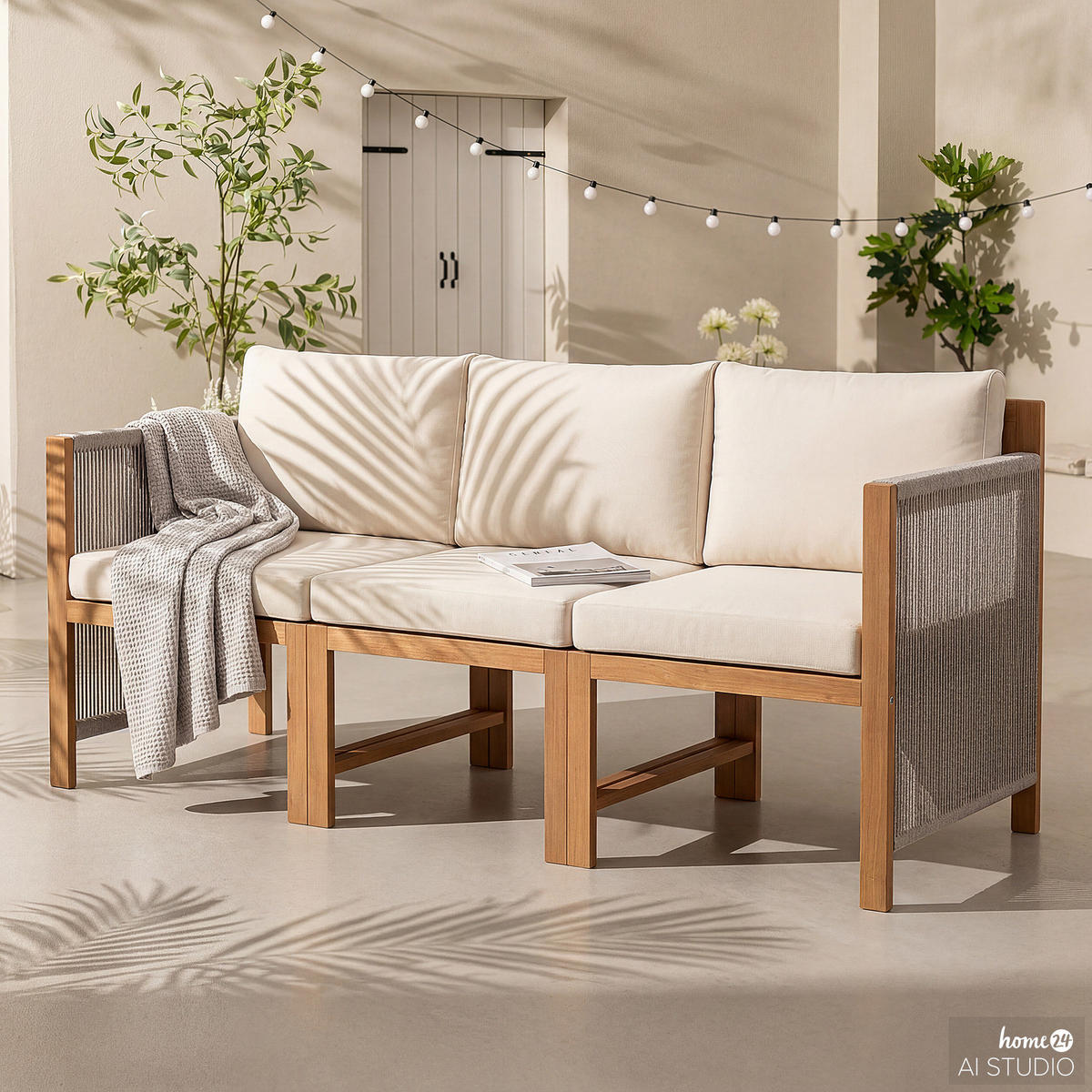 DININGSOFA - 3-teilig - Akazie massiv / Polyester - Braun / Beige - Beige/Braun, Holz/Textil - home24