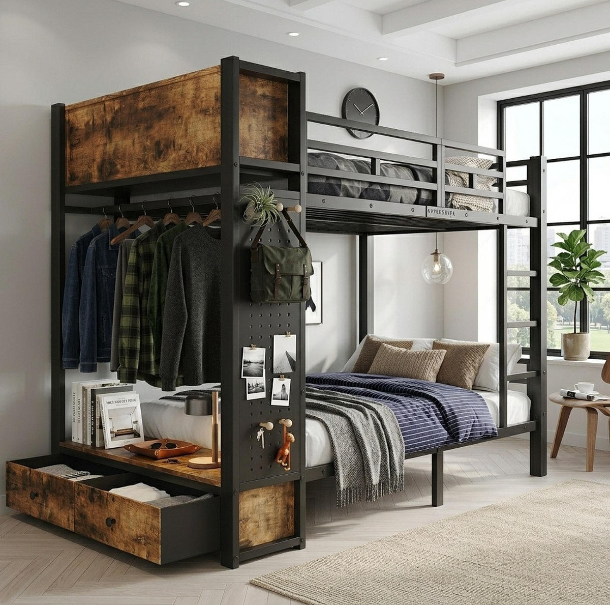 ETAGENBETT aus Metall und Holz 120x200 cm Schwarz/Dunkelbraun mit Stauraum, Kleiderstange, Schublade und Lochwand - Schwarz, Metall (120/200cm) - Modfu