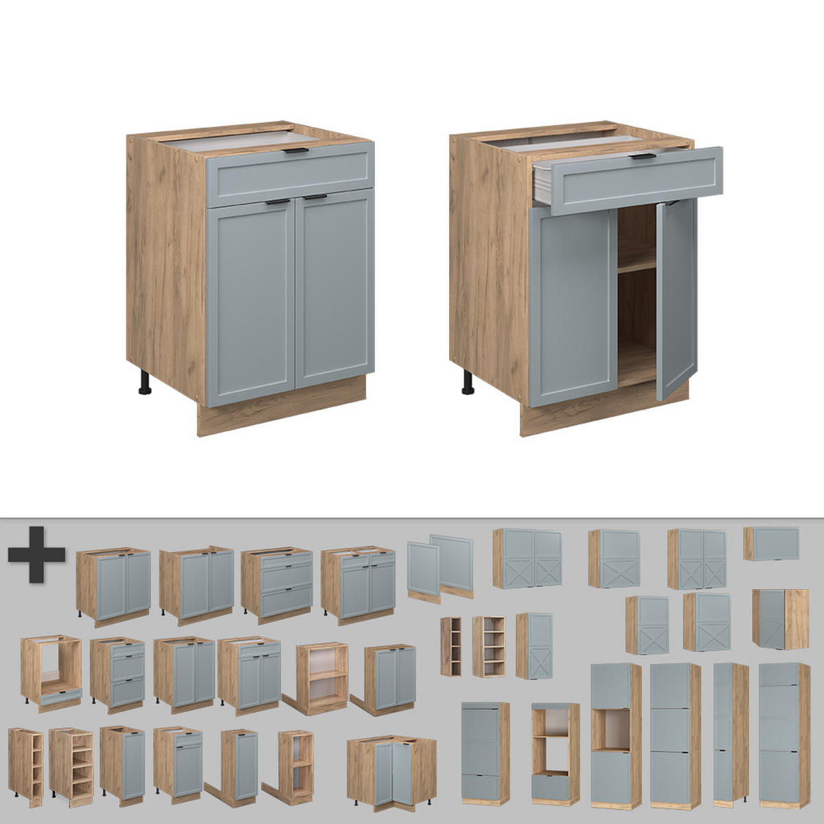KÜCHENUNTERSCHRANK Fame-Line Hellblau-grau 60 cm mit Schublade AP Anthrazit - Eiche Wotan/Blaugrau, Holzwerkstoff (60/82/60cm) - Vicco