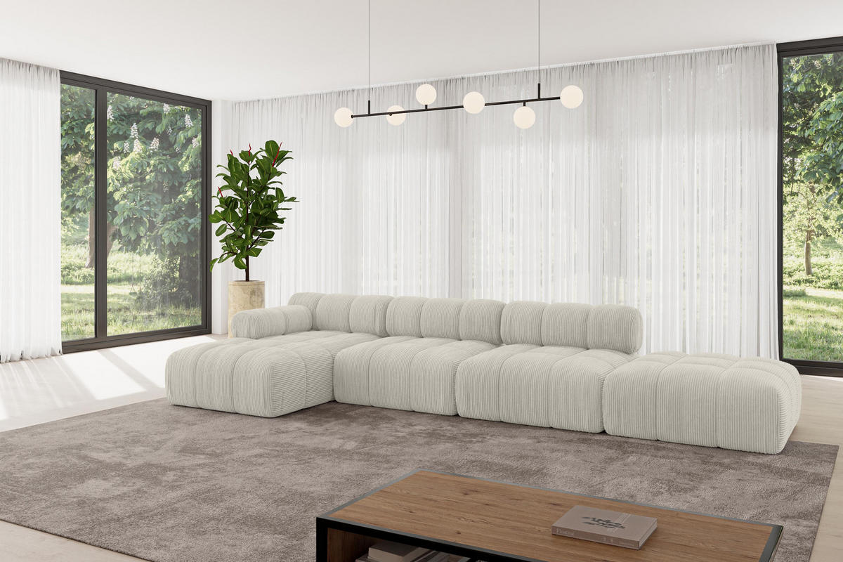 ECKSOFA modulares Sofa Lizur-L2 - 380x160x70 cm Creme Cord - Hellgrau/Creme, Holzwerkstoff/Textil (380/160cm) - ALTDECOR