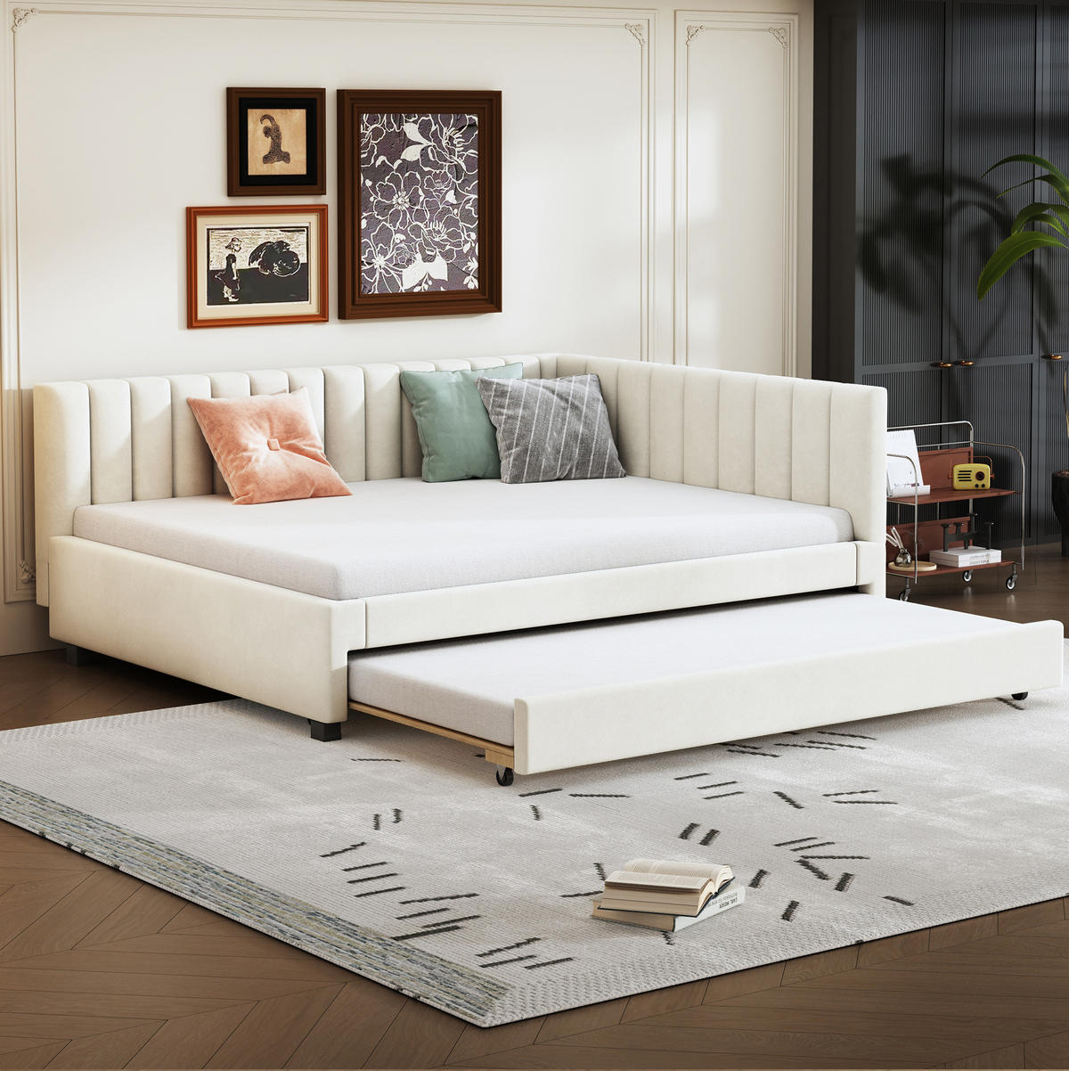 SAMT-POLSTERBETT 140/200 cm mit Ausziehbett und gepolstertem Kopfteil - Beige, Leder (140/200cm) - BEAOK