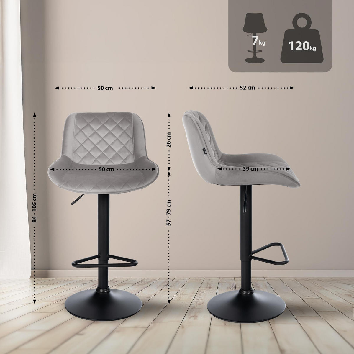 BARHOCKER Kasson 84x50x52 cm grau - Grau, Metall (50/84/52cm) - furnicato