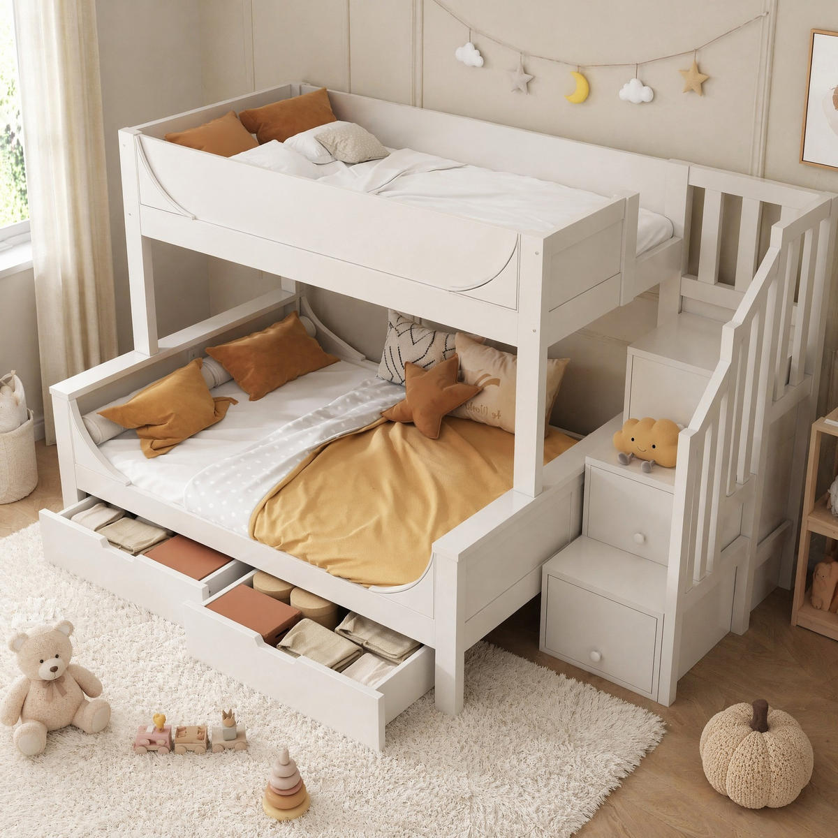 ETAGENBETT 90/200+140/200 mit Leiterschrank und Schubladen in Weiß - Weiß, Holzwerkstoff (140/200cm) - EVRYAE