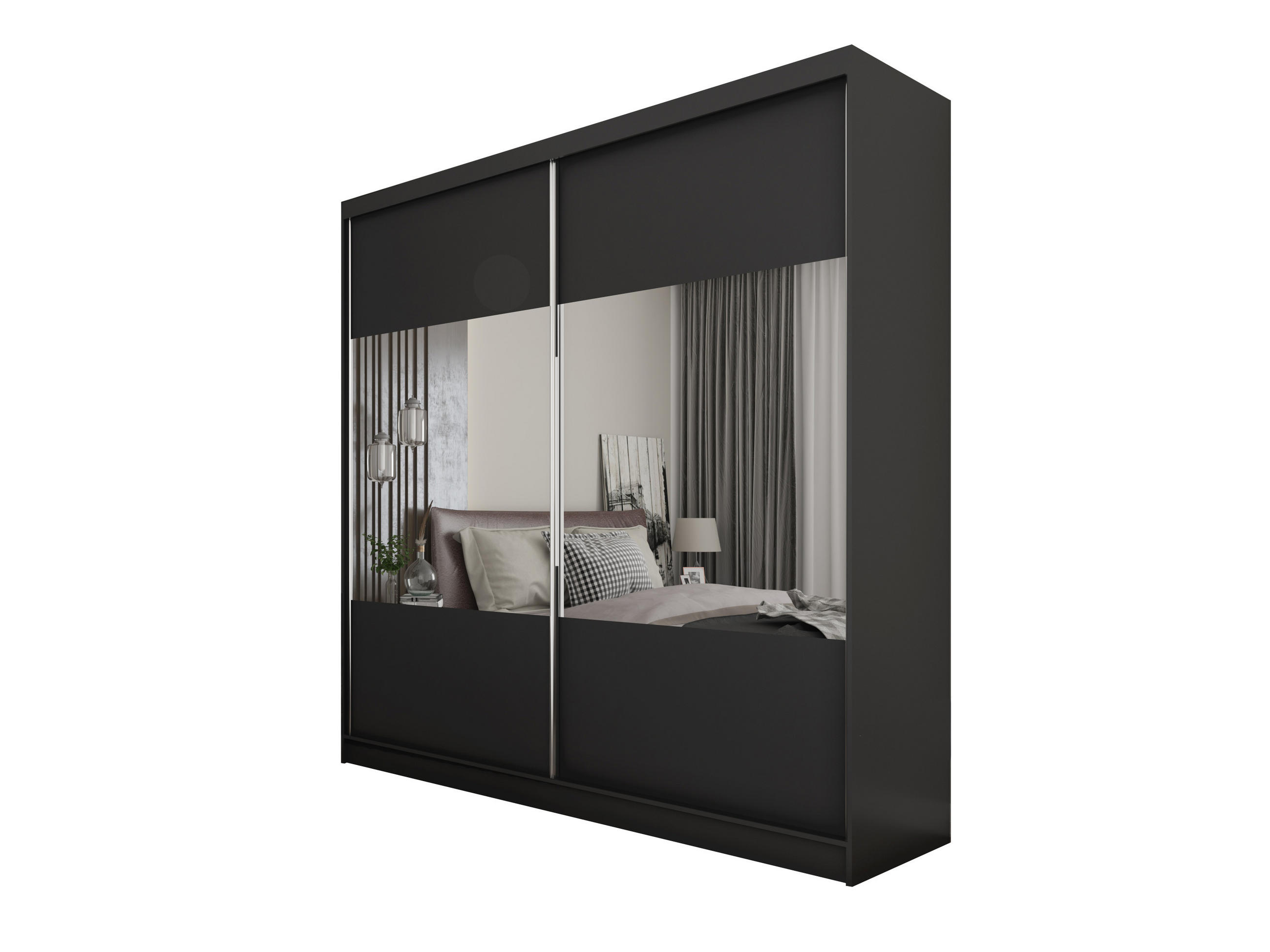 SCHWEBETÜRENSCHRANK AZZURRA 200/216/61 cm 2-türig mit Spiegel Schwarz - Schwarz, Holzwerkstoff (200/216/61cm) - MASSENO
