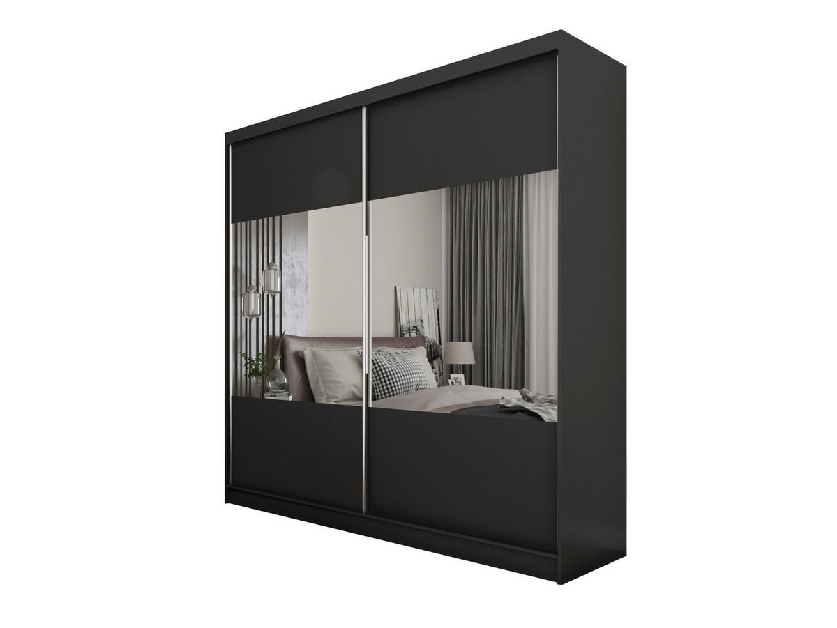 SCHWEBETÜRENSCHRANK AZZURRA 200/216/61 cm 2-türig mit Spiegel Schwarz - Schwarz, Holzwerkstoff (200/216/61cm) - MASSENO
