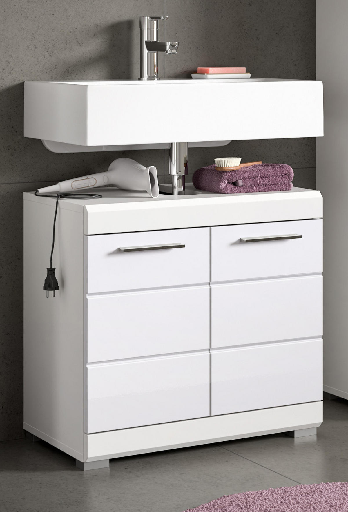 WASCHBECKENUNTERSCHRANK weiß Hochglanz 60 cm mit Rillenoptik - Weiß Hochglanz/Silberfarben, Holzwerkstoff/Kunststoff (60/56/34cm) - Inn.Furn