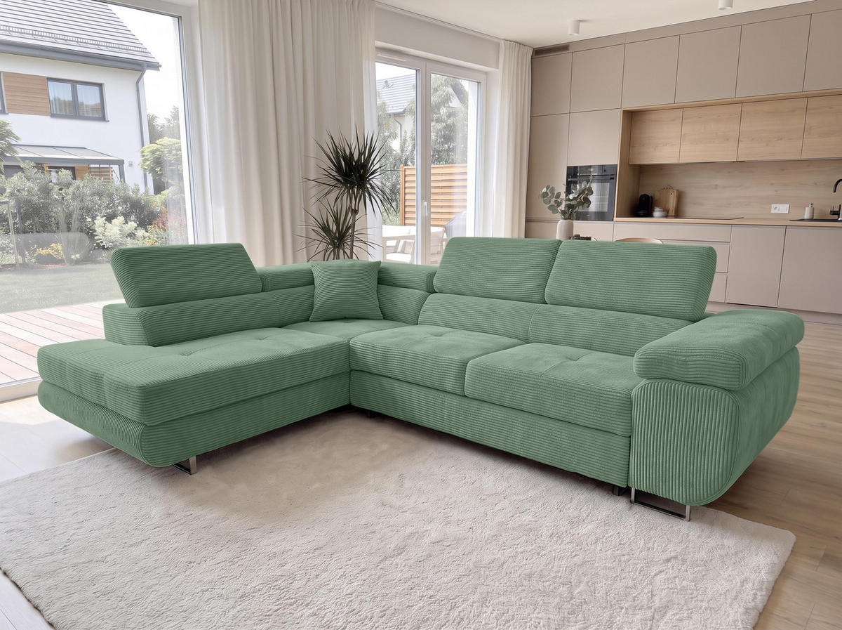 ECKSOFA L Form Konak Salbeigrün 276/201/90 cm Links mit Schlaffunktion - Salbeigrün/Silberfarben, Textil/Metall (203/276cm) - AX Living