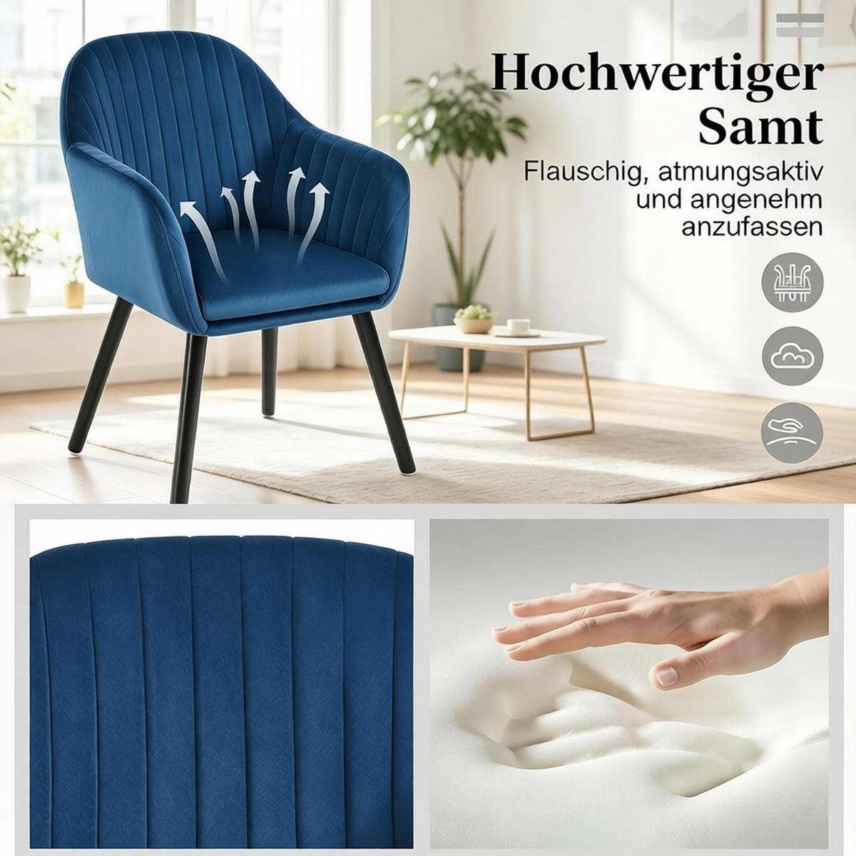 ARMLEHNSTUHL-SET DE-36230 2 Stück mit Holzbeinen Blau - Blau, Metall (50/81/42cm) - ComfortXL