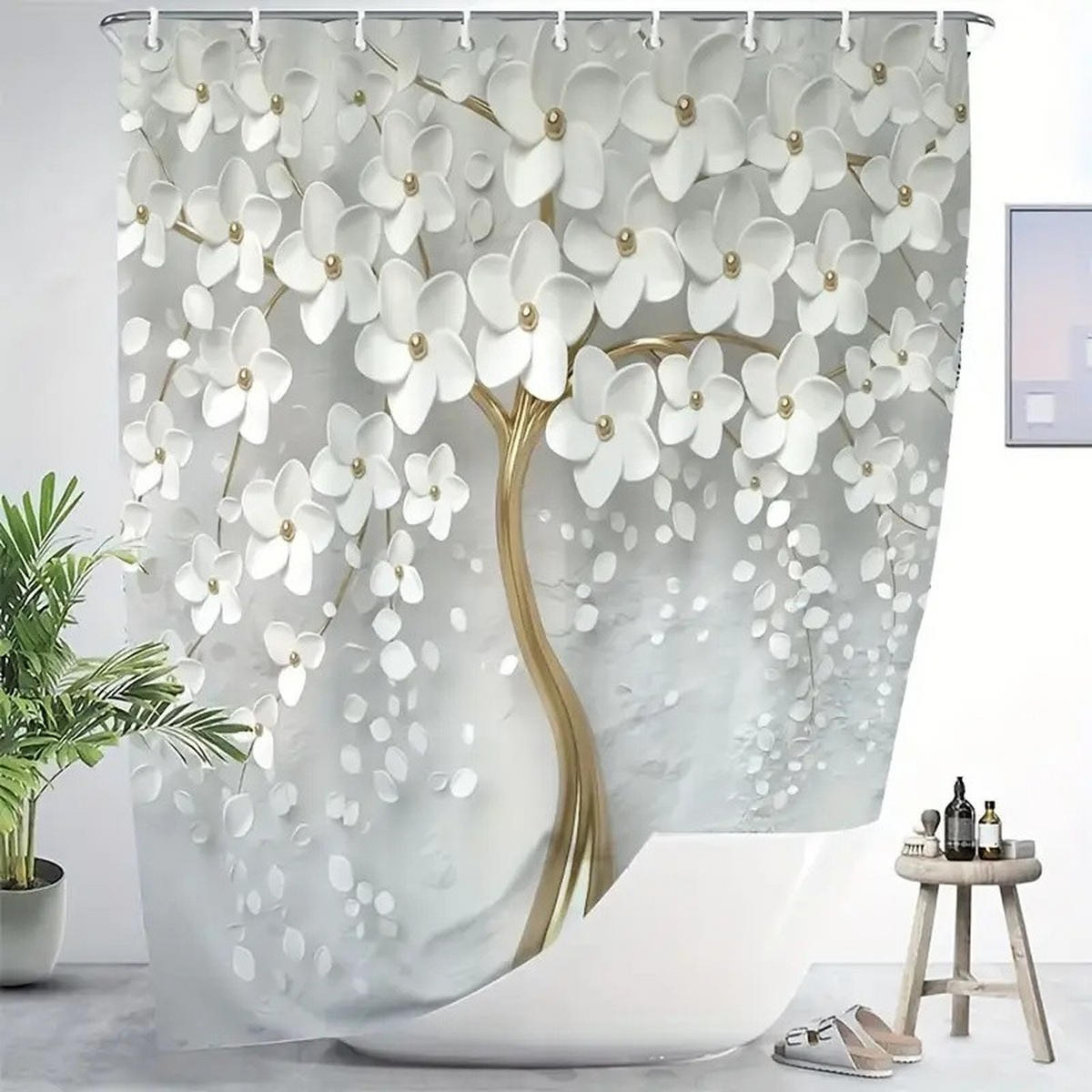 DUSCHVORHANG Weiß floral Blumen Muster mit Haken ideal für Dekoration Badezimmer - Weiß, Textil (180/180cm) - MCBOSON