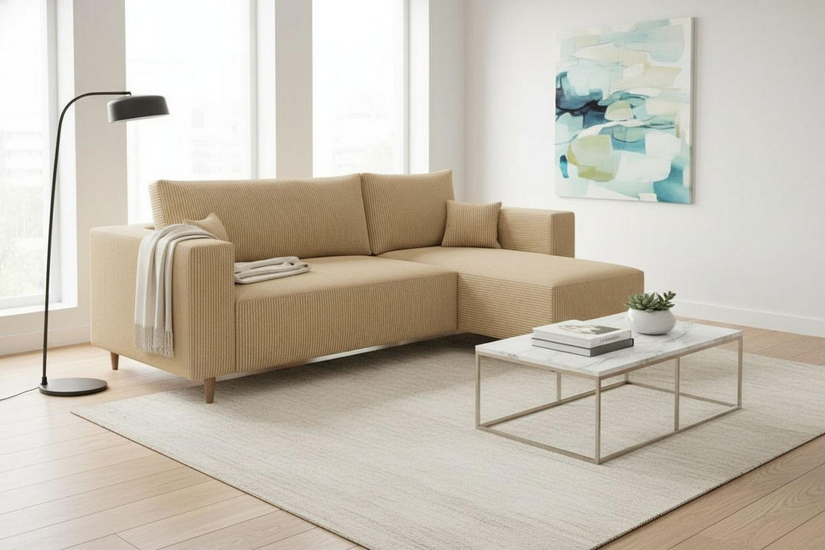 ECKSOFA RIO mit Schlaffunktion und Bettkasten, Farbe: Beige, Cordstoff, Ottomane Universal - Beige, Textil (249/142cm) - Marpur