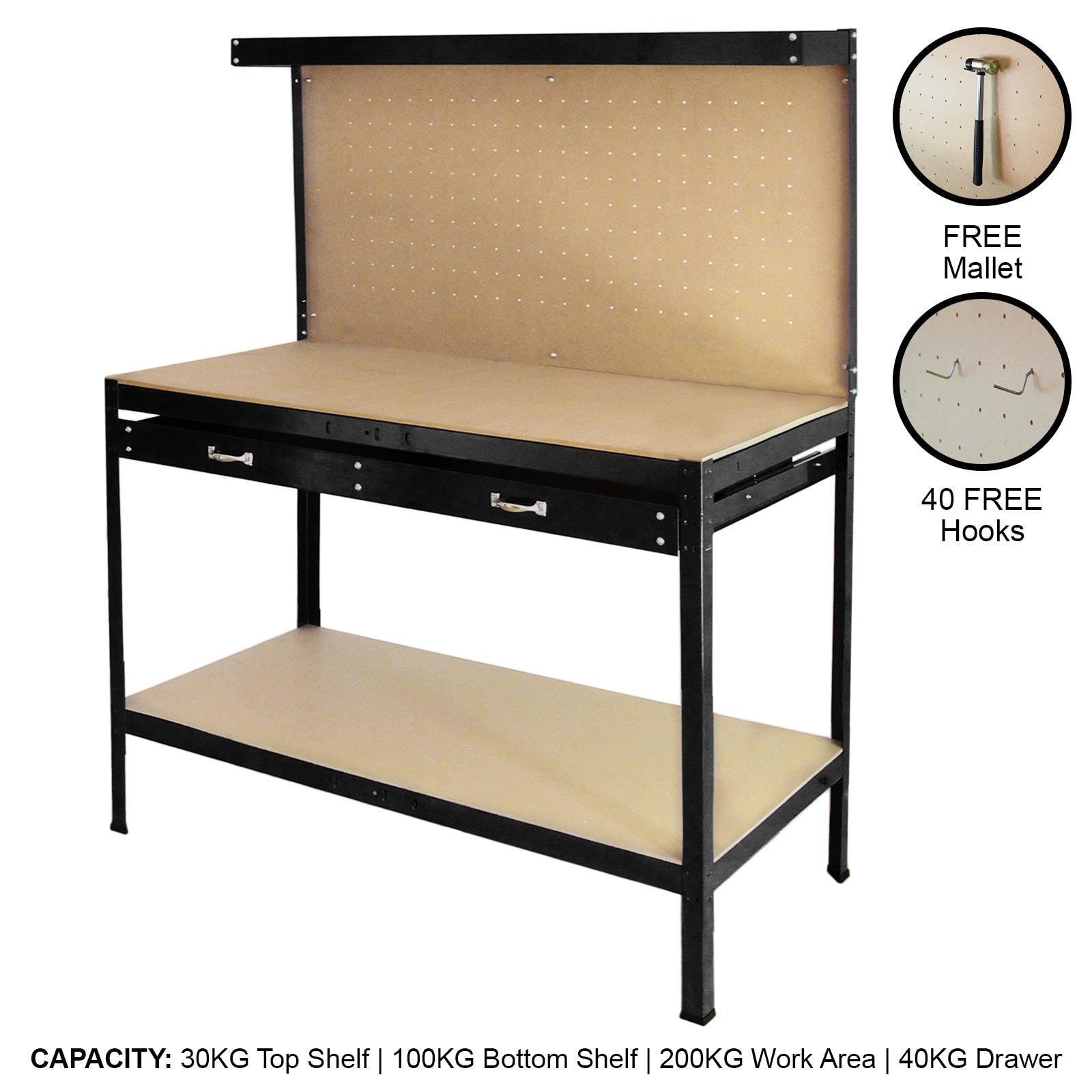 WERKBANK mit Stecktafel und Schublade Schwarz - Schwarz, Metall (120/155/60cm) - Monster Racking