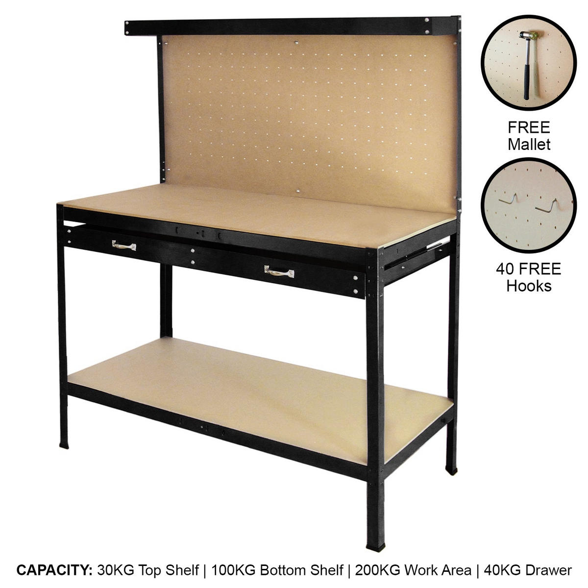 WERKBANK mit Stecktafel und Schublade Schwarz - Schwarz, Metall (120/155/60cm) - Monster Racking