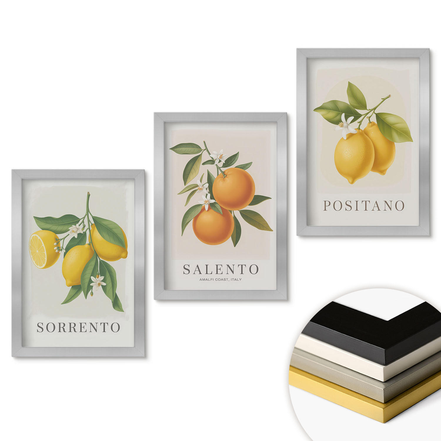 WANDBILDER 3er Set - 20x30 cm Silberner Rahmen - Amalfi-Zitronen und -Orangen - Silberfarben, Kunststoff (20/30cm) - ArtPrintCave