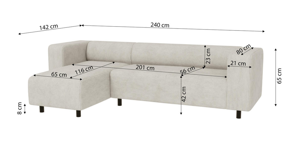 ECKSOFA Tove Beige Cord - Ottomane links - Beige/Schwarz, Holz/Kunststoff (240/142cm) - S-Style Möbel
