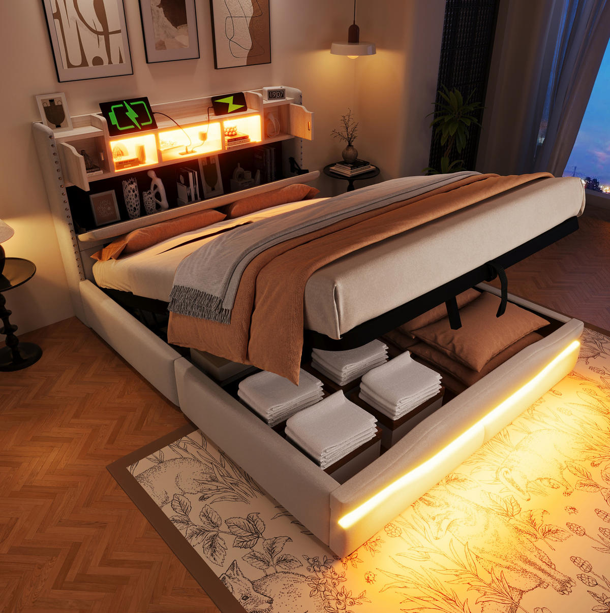 OBLAZINJENA lanena postelja 140/200 cm z LED osvetlitvijo, USB-C priključkom in hidravličnim shranjevanjem, Bež - bež, tekstil (140/200cm) - Redom
