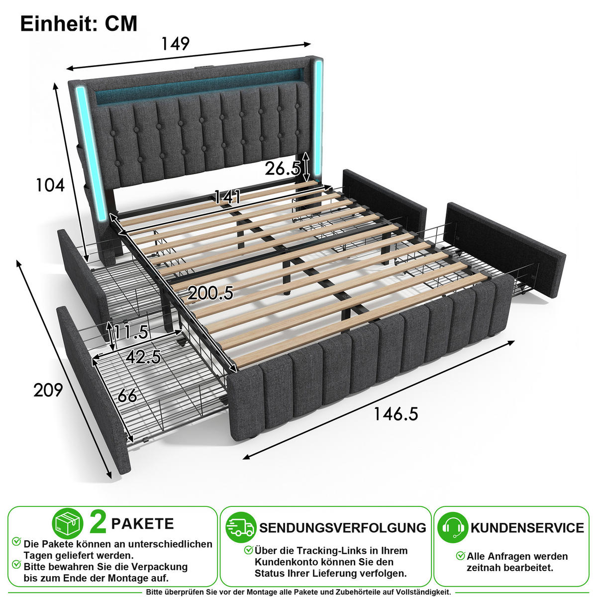 POLSTERBETT 140/200 cm in Grau Leinen mit 4 Schubladen, LED, USB und Type-C - Grau, Holzwerkstoff/Textil (140/200cm) - CHICFURN
