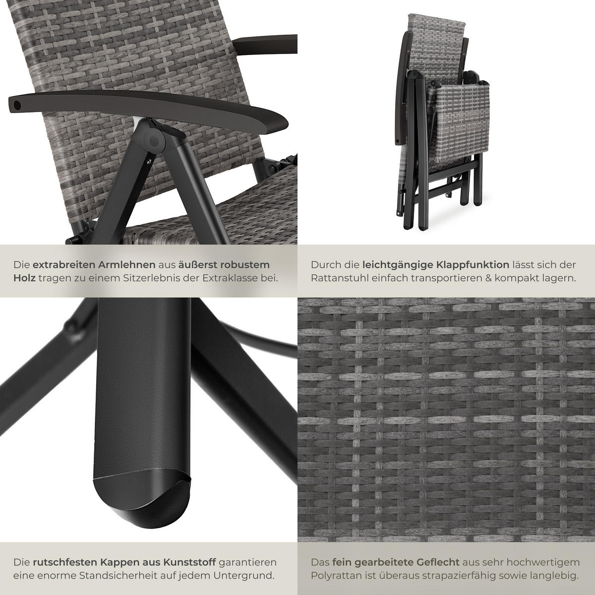RATTANSTUHL Brisbane ,58 x 77 x 113 cm,grau - Grau, Kunststoff (58/113/77cm) - tectake