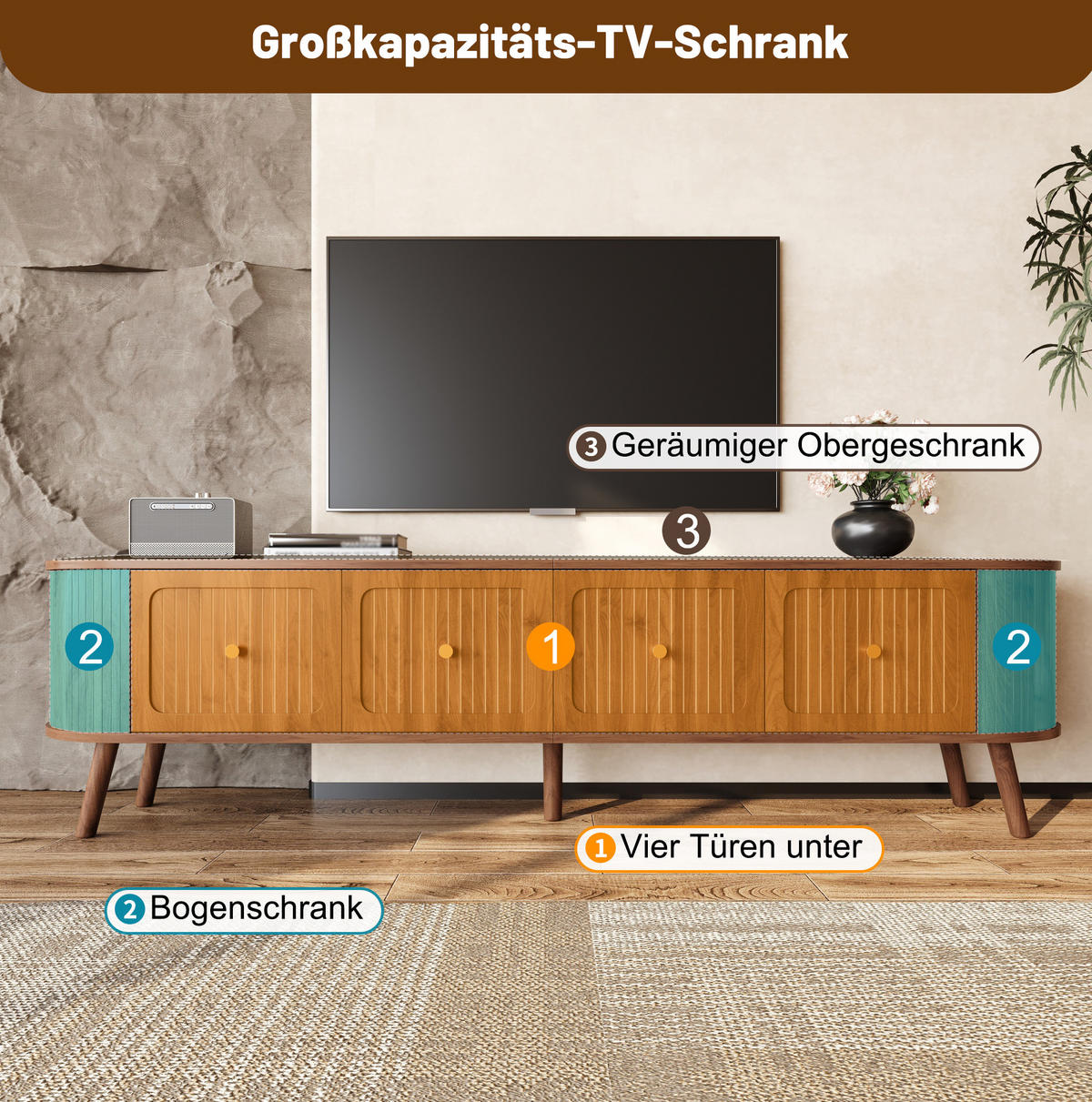 TV-SCHRANK 180/38/47 cm mit Klapptüren und Stauraum, Vintage-Design mit Holzbeinen, Nussbaum - Braun, Holzwerkstoff (180/47/38cm) - Redom