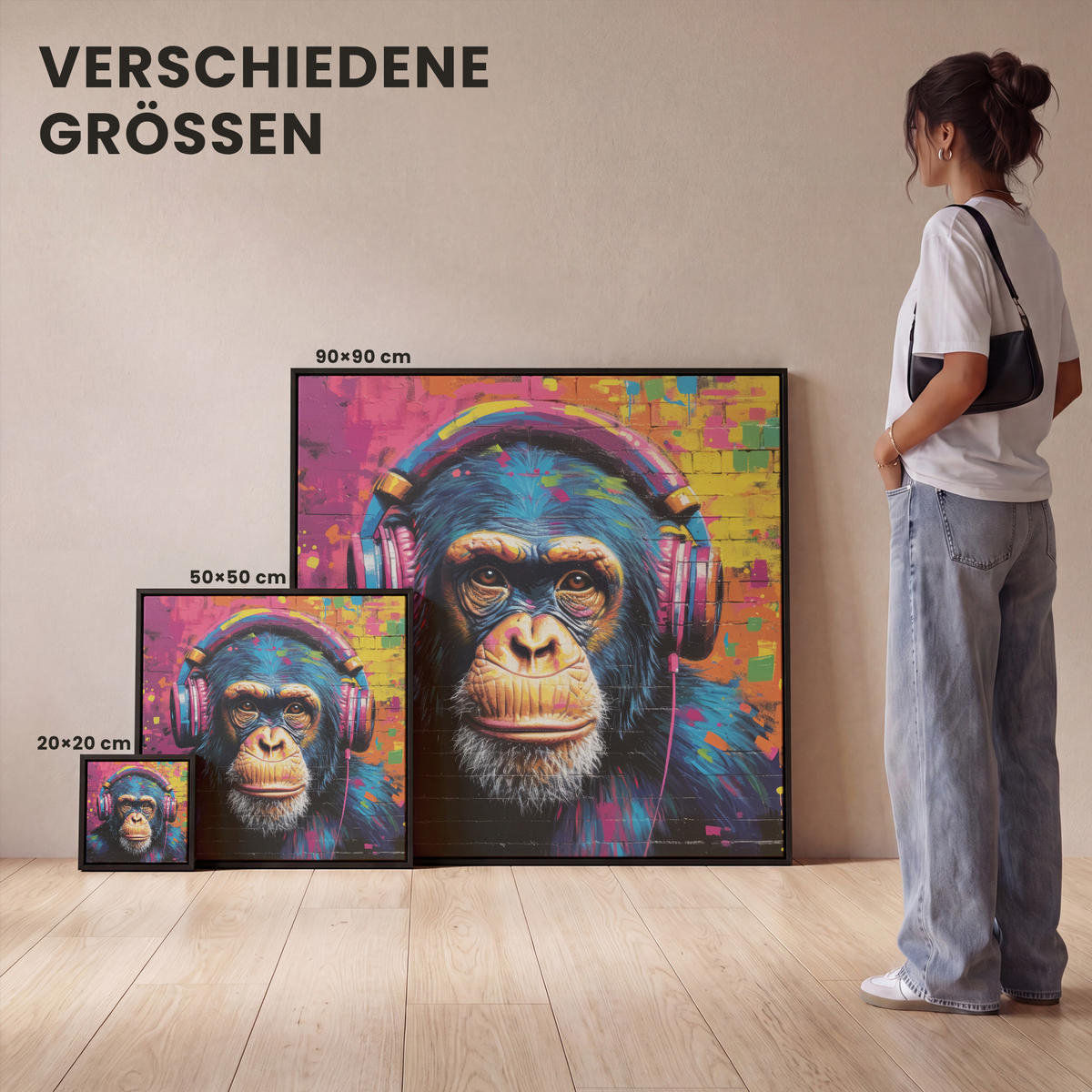 LEINWAND Bilder mit Rahmen - Graffiti - Schimpanse - Straßenkunst - Kopfhörer - Affe - 90x90 - Blau, Textil (90/90cm) - MuchoWow