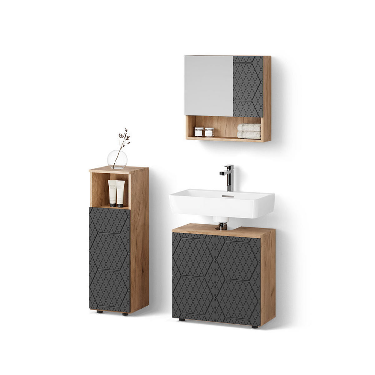 BADMÖBEL-SET Ronco Anthrazit gestreift 3 Teile - Anthrazit, Holzwerkstoff (60/59/30cm) - Livinity®