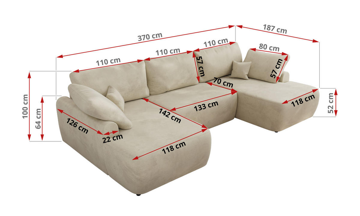 WOHNLANDSCHAFT CUBO U Beige Velvet - Beige/Schwarz, Kunststoff/Textil (370/100/187cm) - MKS