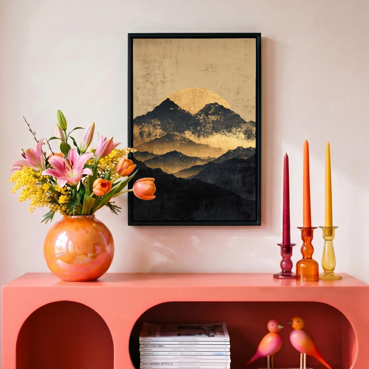 LEINWAND Bilder mit Rahmen - Goldene Berge bei Mondschein - 20x30 - Goldfarben, Textil (20/30cm) - MuchoWow