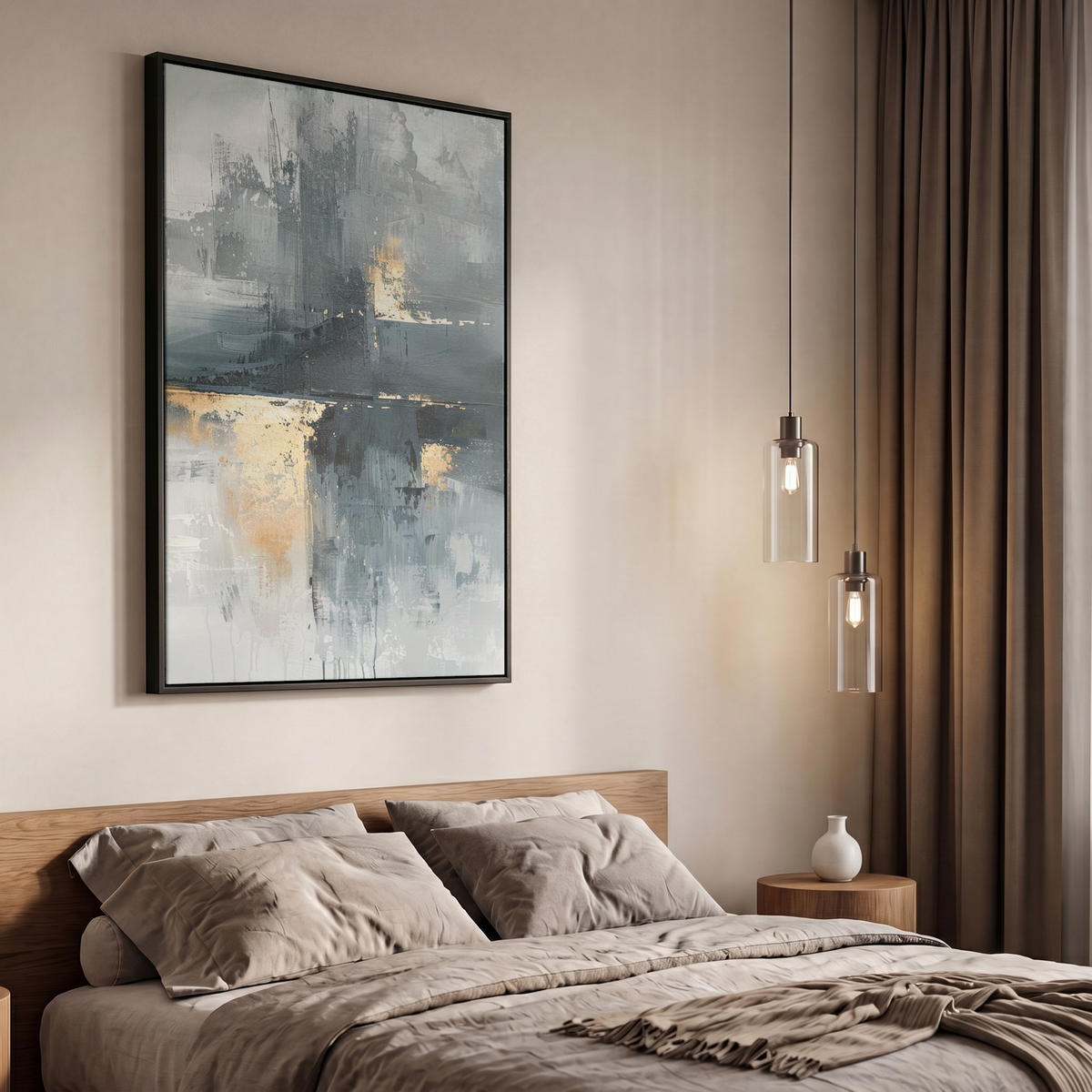 LEINWAND Bilder mit Rahmen - Kunst - Grau - Gold - Abstrakt - 60x90 - Dunkelgrau, Textil (60/90cm) - MuchoWow