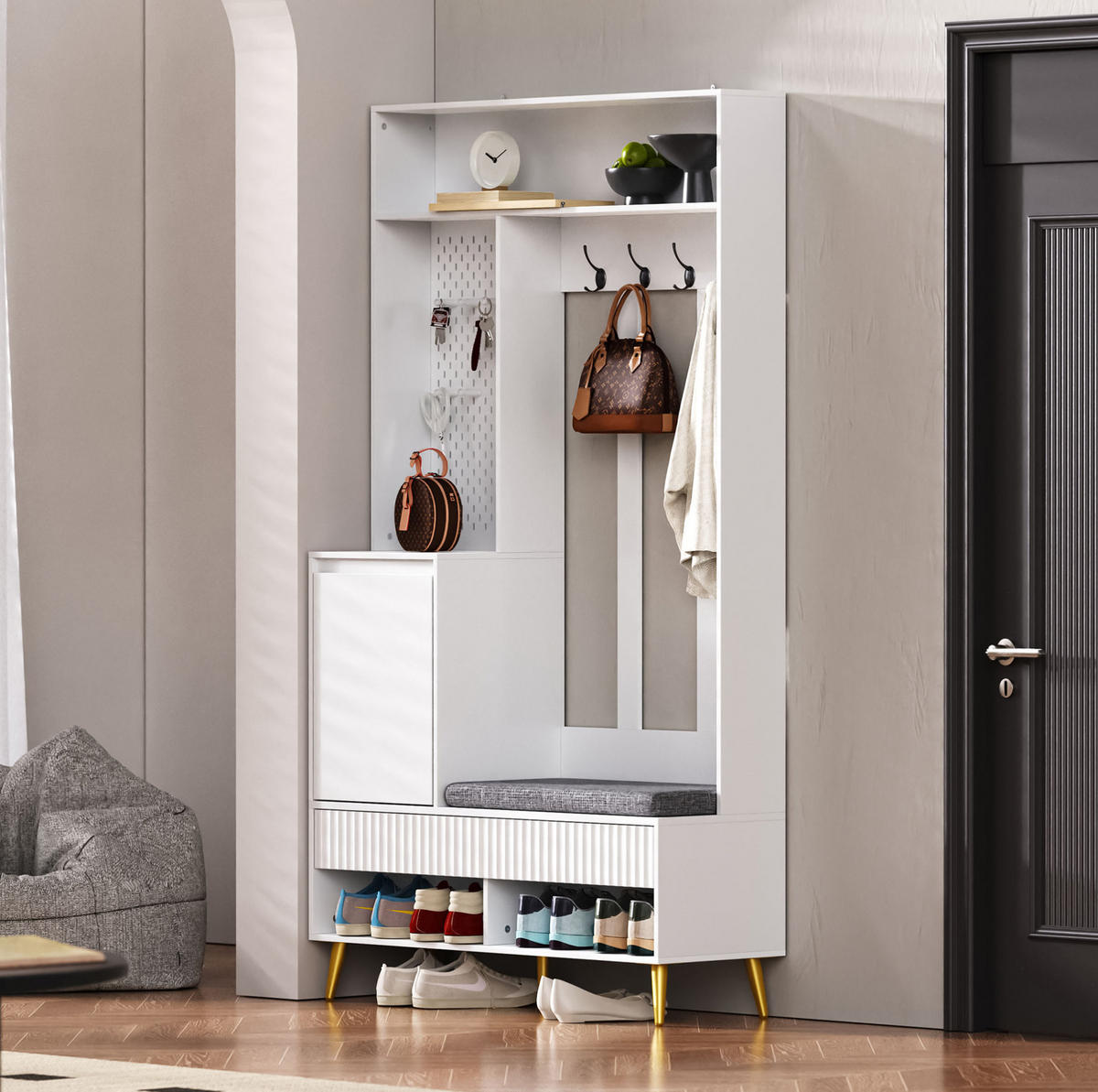 GARDEROBENSET 100/35/180 cm aus MDF mit Sitzbank und Stecktafel Weiß - Weiß, Holzwerkstoff (100/180/35cm) - Modenvie