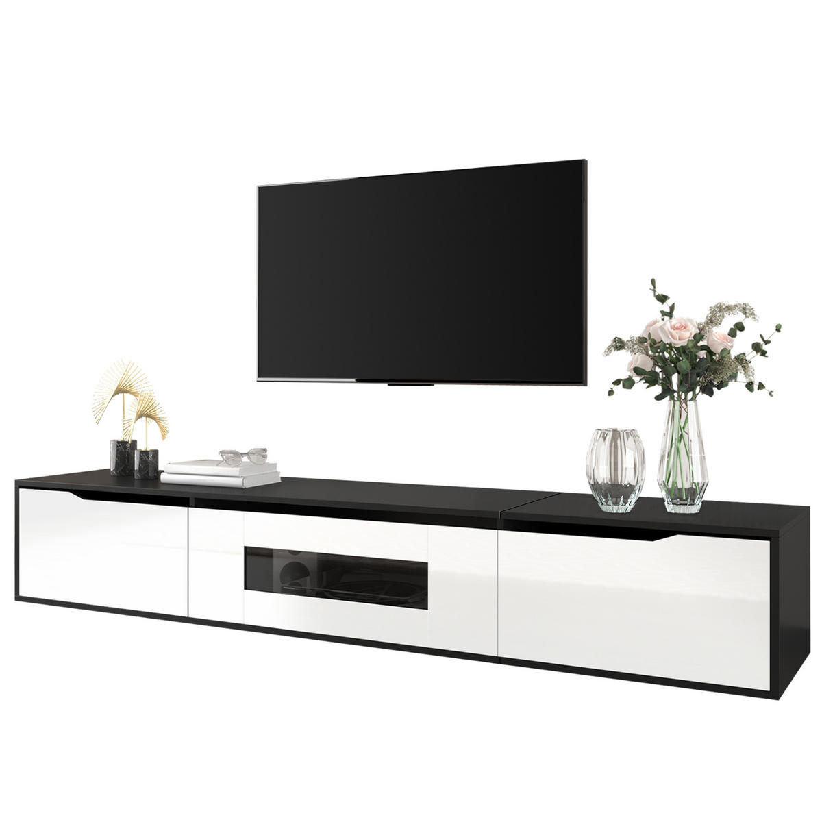 TV LOWBOARD 180cm Hochglanz Schwarz Weiß LED USB Farbwechsel modern - Schwarz, Holzwerkstoff (35/30/180cm) - FLIEKS