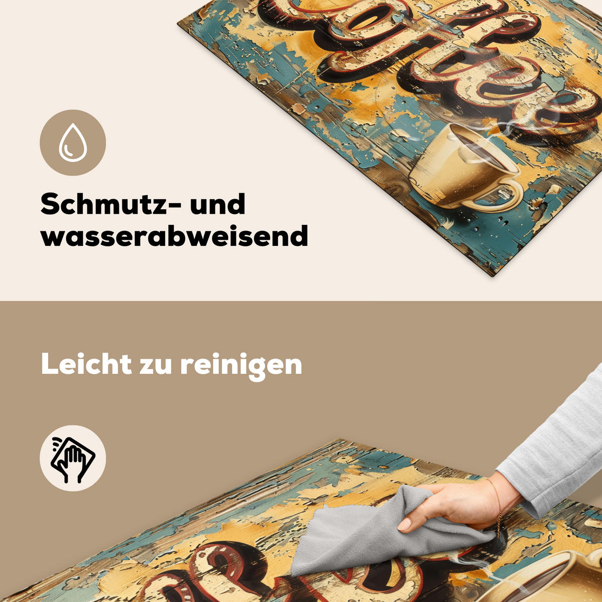 HERDABDECKPLATTE Kaffee - Vintage - Braun - Tasse Ceranfeldabdeckung 76x51.5 cm - Teakfarben, Kunststoff (76/51.5/0.2cm) - MuchoWow