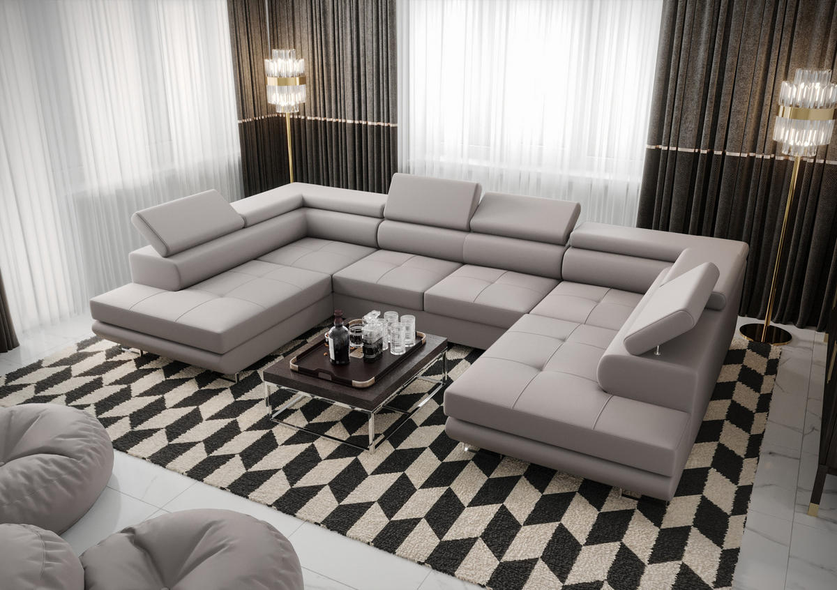 WOHNLANDSCHAFT PRAGA DESIGN U, Eckcouch in U-Form mit Schlaffunktion, Farbe: Grau, Kunstleder, Ottomane Universal - Grau, Textil (342/89/202cm) - O-Sofa