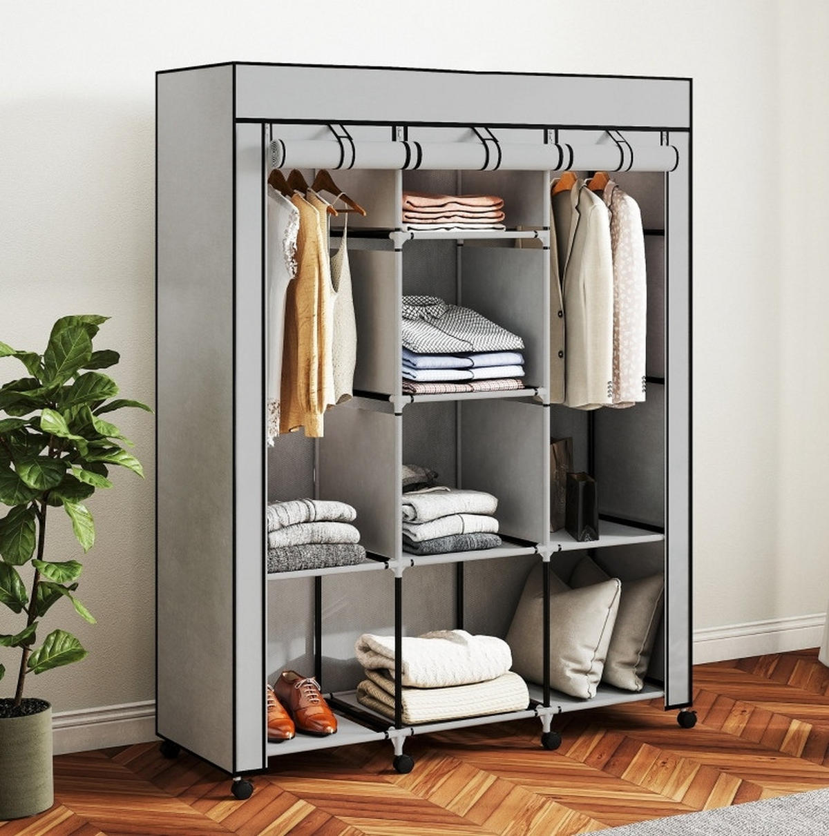 KLEIDERSCHRANK 125/162,5/43 cm Hellgrau aus Stoff mit 8 Einlegeböden - Hellgrau, Textil (43/162.5/125cm) - OKMYHOME