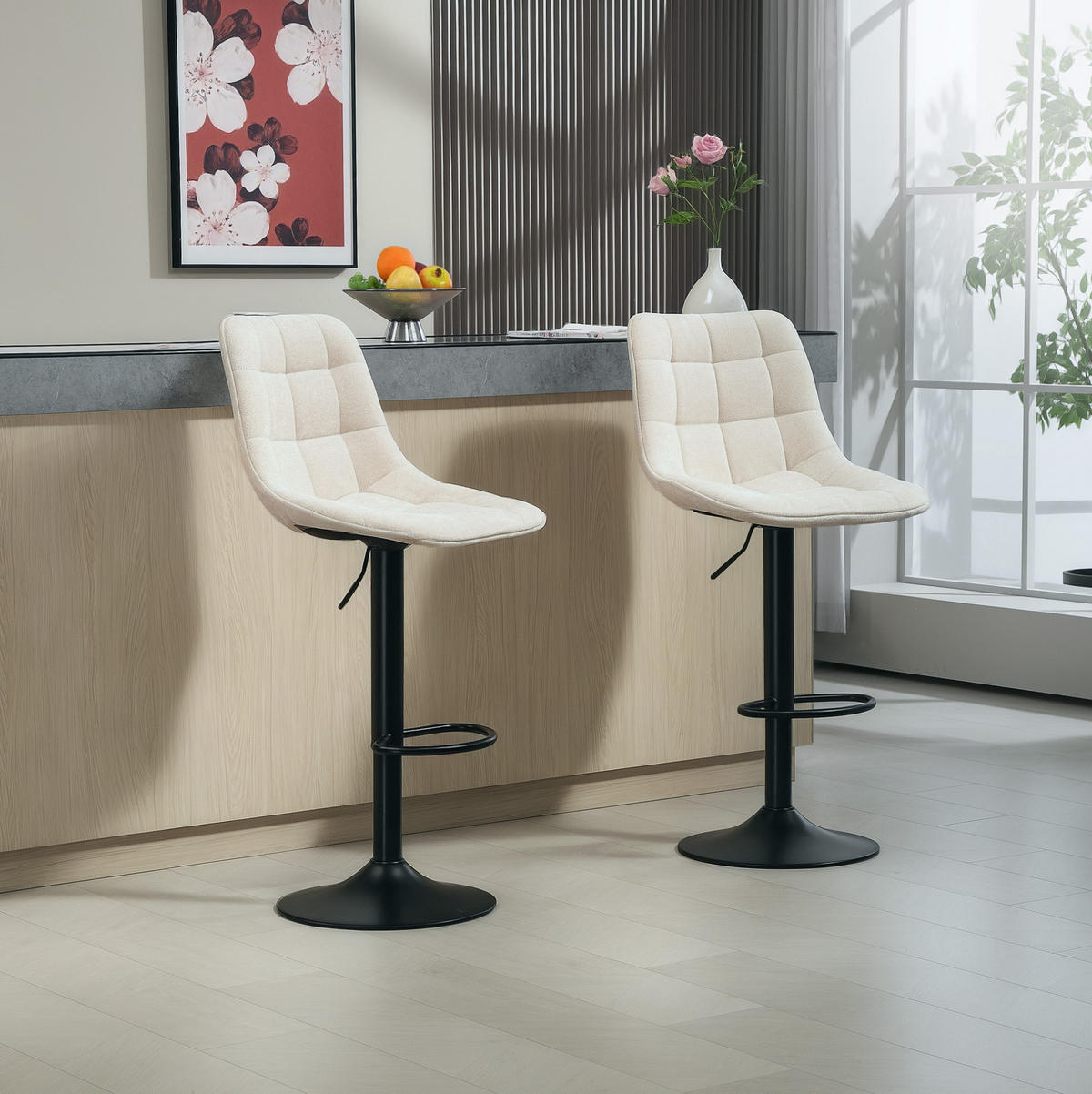 BARHOCKER 2er-Set mit Lehne höhenverstellbar drehbar Polyester Beige - Beige, Metall (47/117/53cm) - Meubliv