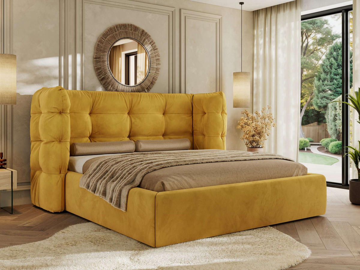 POLSTERBETT FLONELLE CLASSIC 160/200 - Gelb Velvet - Schaum-Matratze - Gelb, Textil (160/200cm) - MKS