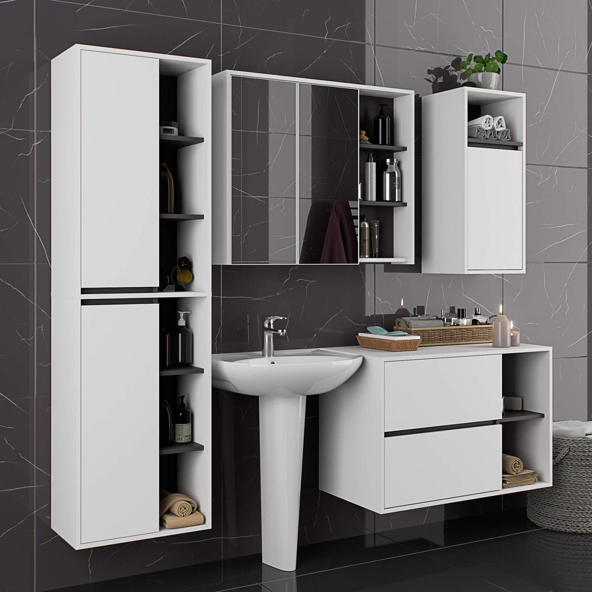BAD HOCHSCHRANK Vami Weiß, Grau - Weiß/Grau, Holzwerkstoff (50/170/30cm) - Akord
