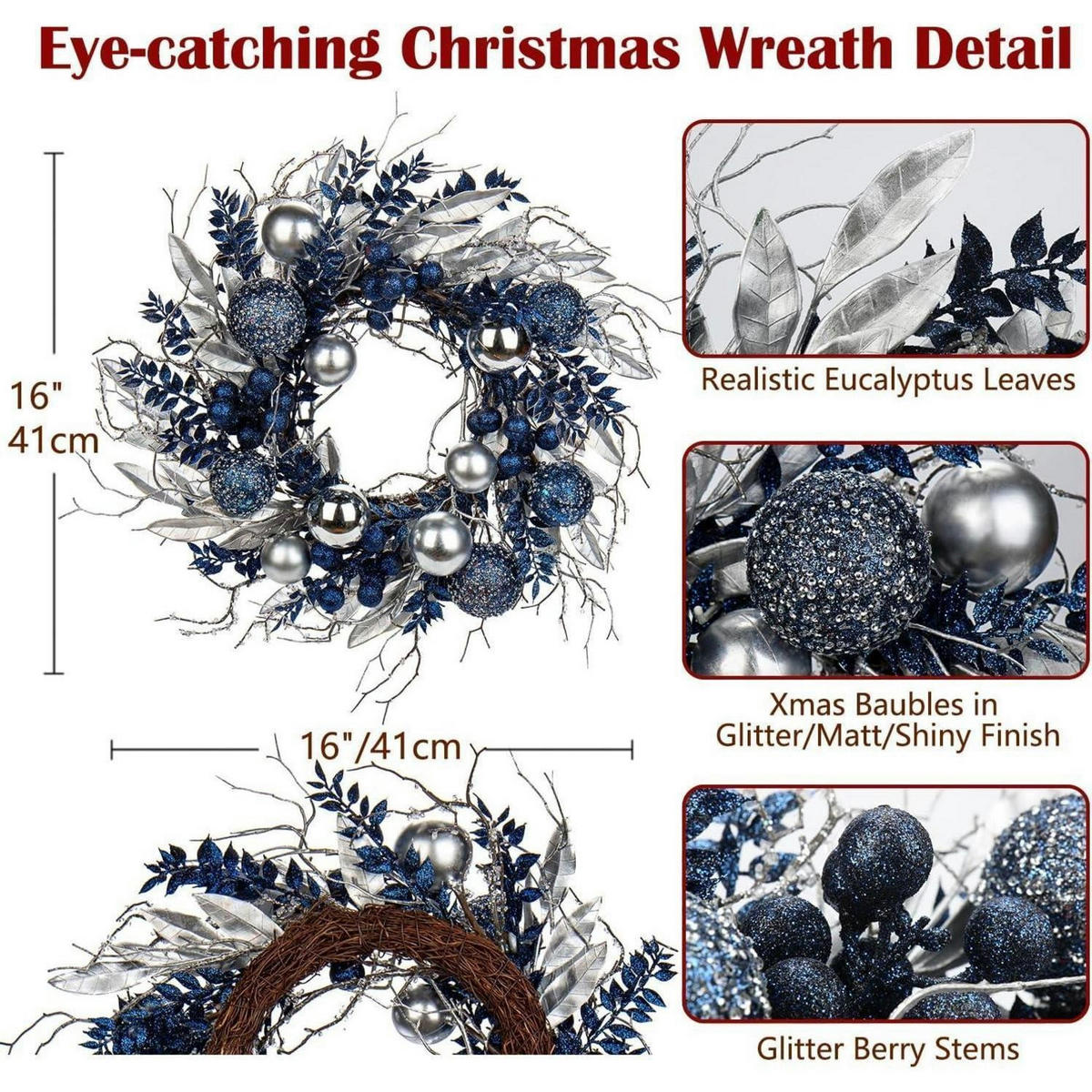 WEIHNACHTSKRANZ mit Weihnachtskugeln blau Ø 40 cm - Multicolor, Naturmaterialien (13cm)