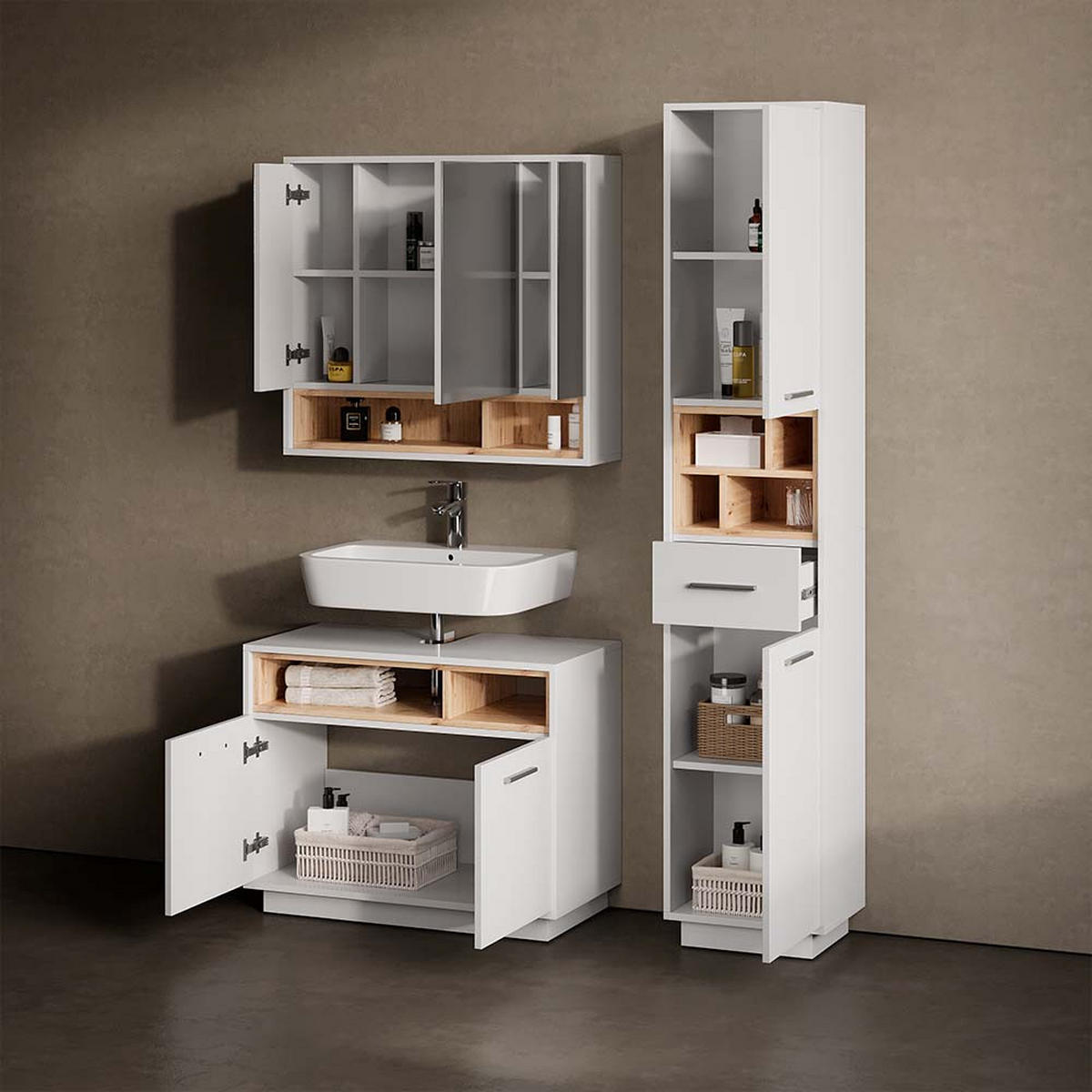 BADMÖBEL-SET Temo Weiß 2 Teile - Weiß/Sonoma Eiche, Holzwerkstoff (80/72/40cm) - Livinity®