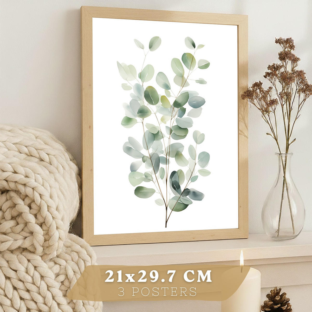 PLAKAT Sada 3 Zelené A4 Lehký dřevěný rám - béžová, papír (29.7/1/21cm) - Nacnic