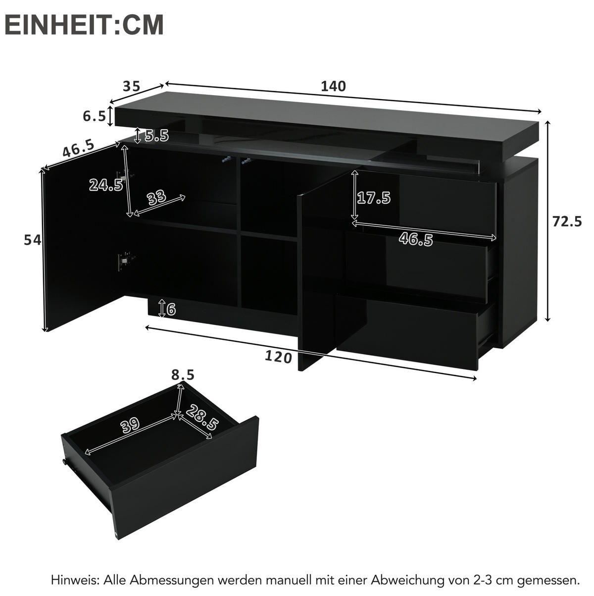 SIDEBOARD aus Spanplatte 140x35x72,5 cm Schwarz mit LED-Beleuchtung, 3 Schubladen und 2 Türen - Schwarz, Holzwerkstoff (140/72/38cm) - IVMEU