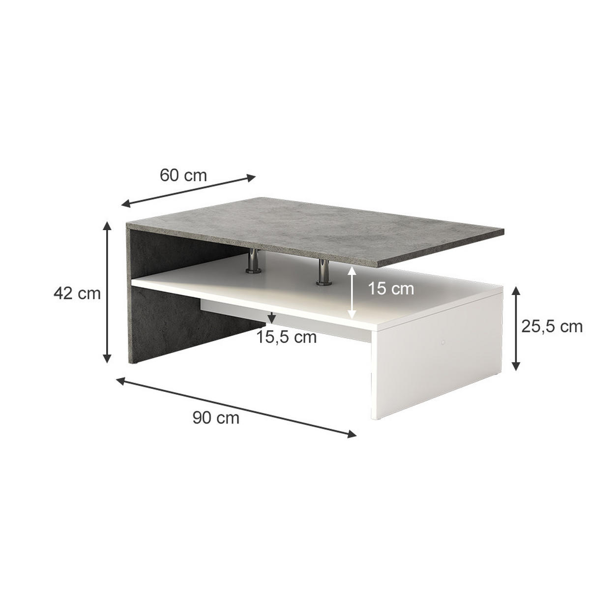 COUCHTISCH Mike Beton 90 x 60 cm - Weiß/Grau, Holzwerkstoff (60/90/42cm) - Vicco
