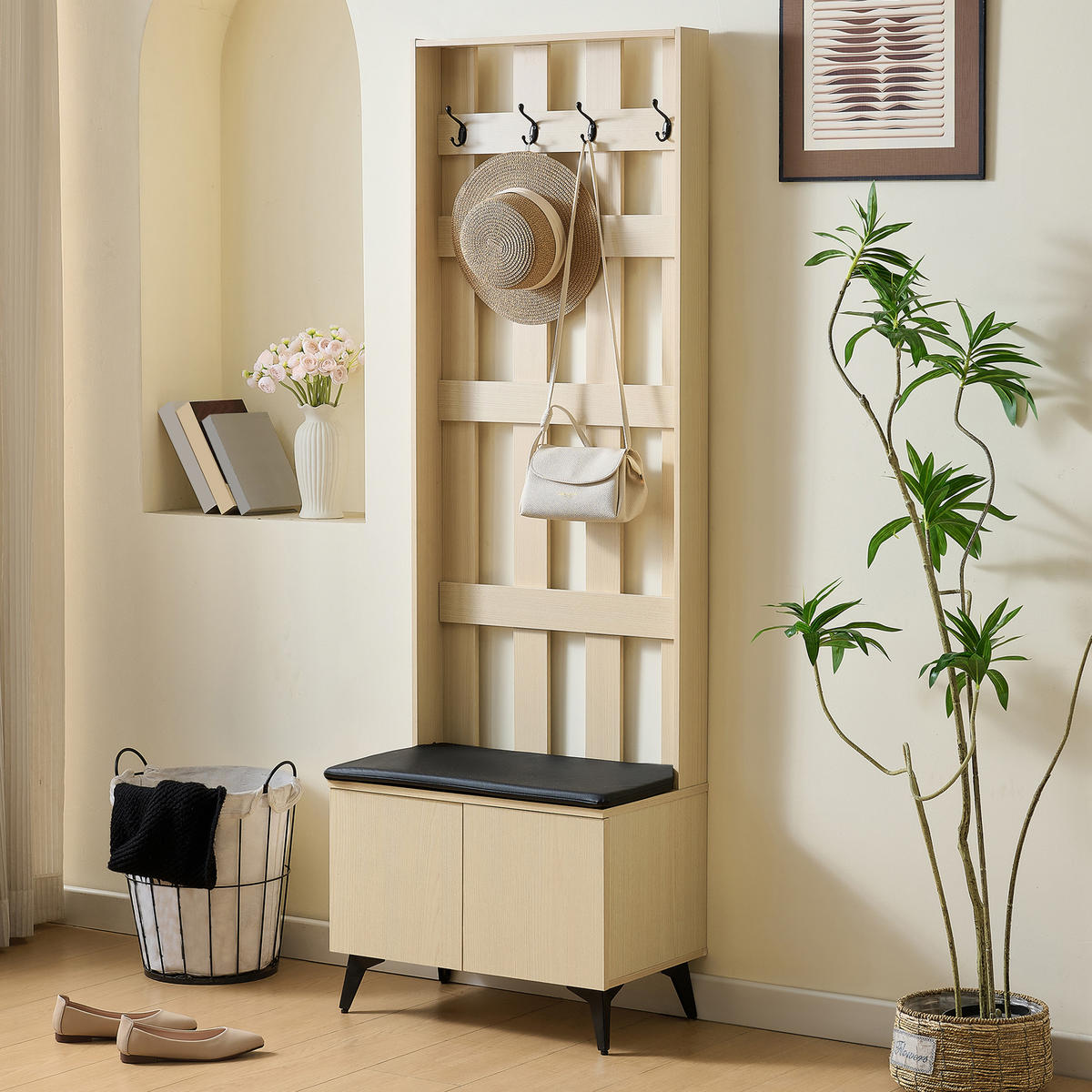 GARDEROBE Sitzbank Kleiderhaken 4 Haken Stahl Schwarz Flur Modern - Naturfarben, Holzwerkstoff (60/179.5/35cm) - FLIEKS