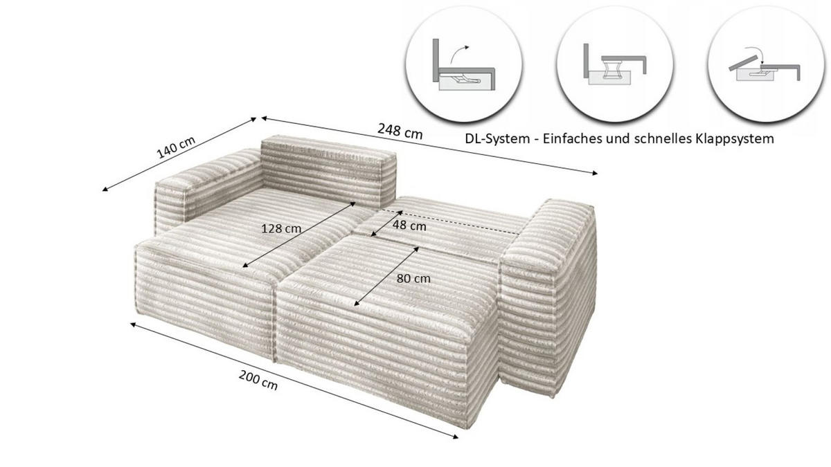 ECKSCHLAFSOFA Bohoo-Ecksofa mit Schlaffunktion stoff Velo Ecru Links - Ecru, Holz/Textil (140/248cm) - Kaiser Möbel