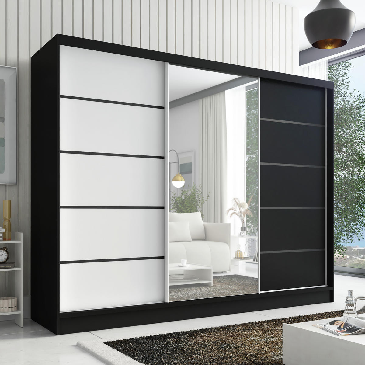 SCHWEBETÜRENSCHRANK 200 cm AURELIA 2 Farbe: Schwarz, Weiß, Schwarz - Schwarz/Weiß, Holzwerkstoff (200/215/60cm) - A&J MöbelLand