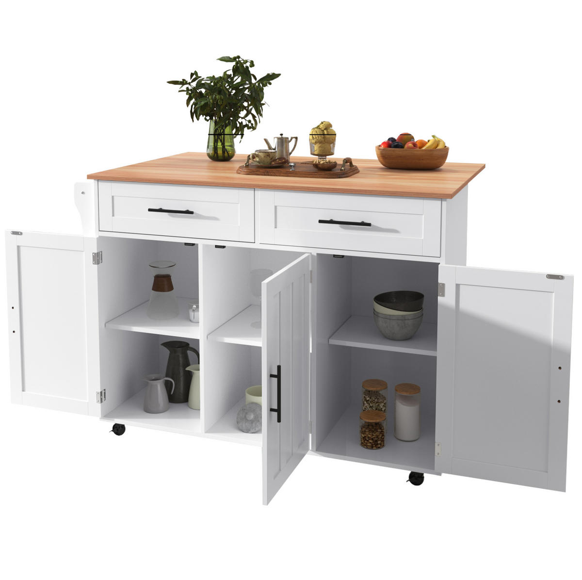 KÜCHENINSEL 129/46(71)/91,5 cm mit klappbarer Tischplatte, 5 Rollen, 2 Schubladen und Stauraum, Weiß/Natur - Weiß, Holzwerkstoff (129/91.5/71cm) - Redom