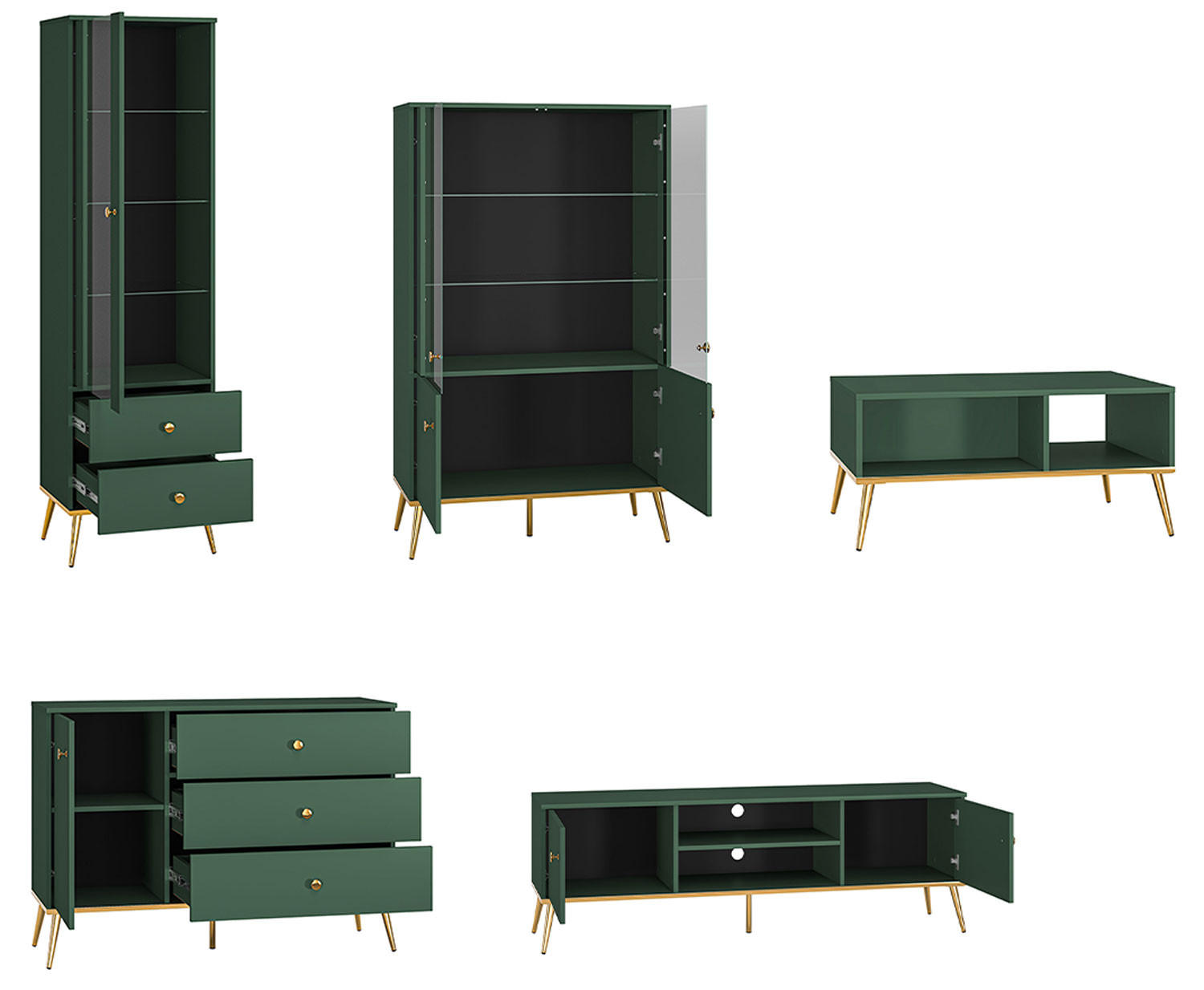 WOHNZIMMER-SET Forest 5-teilig dunkelgrün / gold - Dunkelgrün/Grün, Holz/Holzwerkstoff (427/190/40cm) - Feldmann-Wohnen