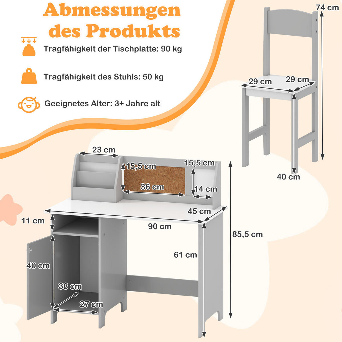 KINDERSCHREIBTISCH mit Stuhl grau(2-tlg) - Grau, Holzwerkstoff (90/85.5/45cm) - COSTWAY
